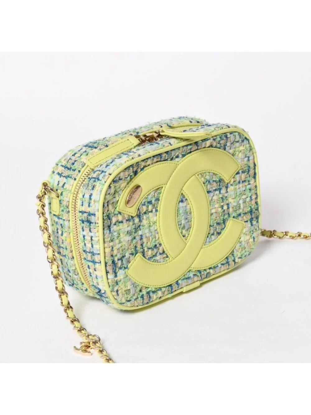Chanel CC Mania Small Camera Bag CC Logo Lime Green Multicolor Tweed Lambskin
